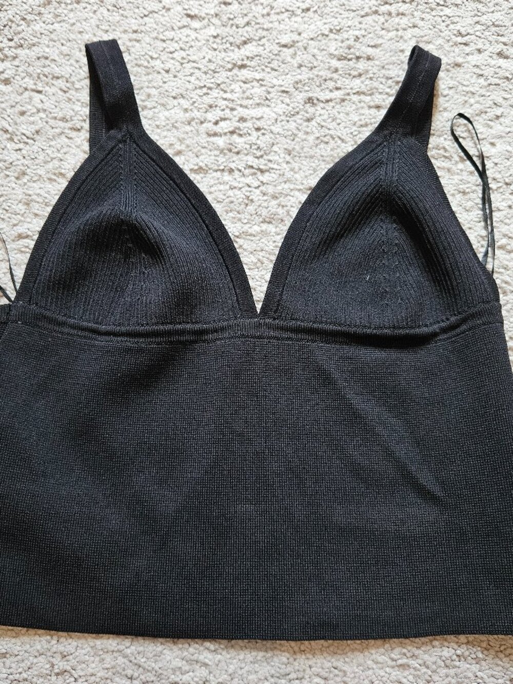 Zara Black Ribbed Knit Bralette Crop Top Size S — Deep V-Neck